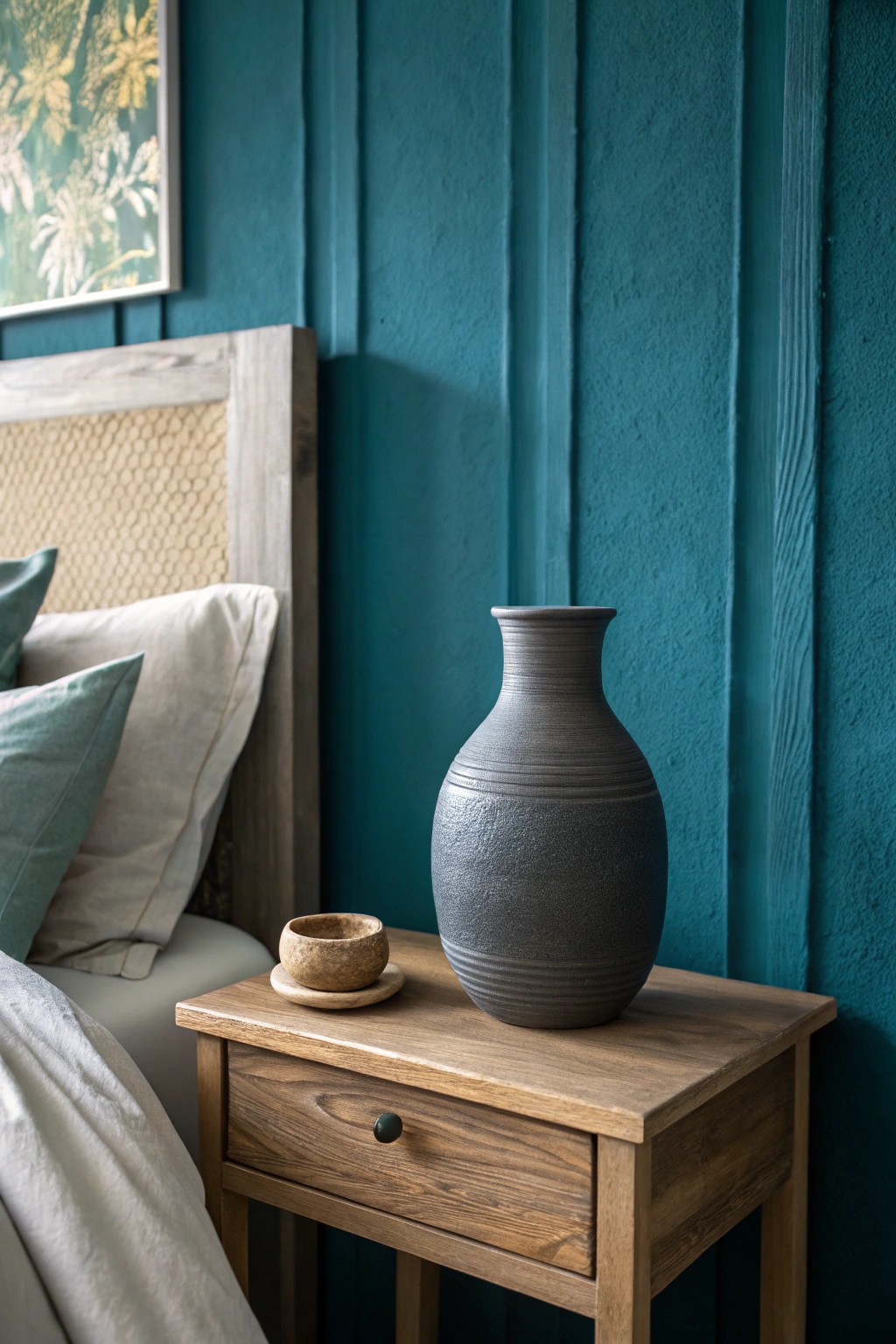 Let deep, dramatic walls set the mood—balanced with handcrafted, natural touches.