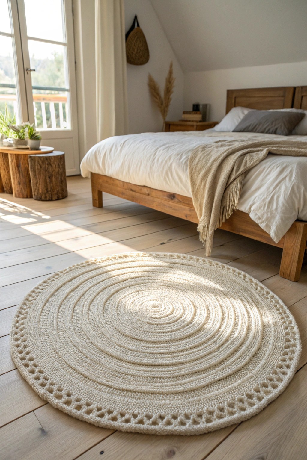 Elevate your bedroom with the soft geometry of a round, natural wool rug.