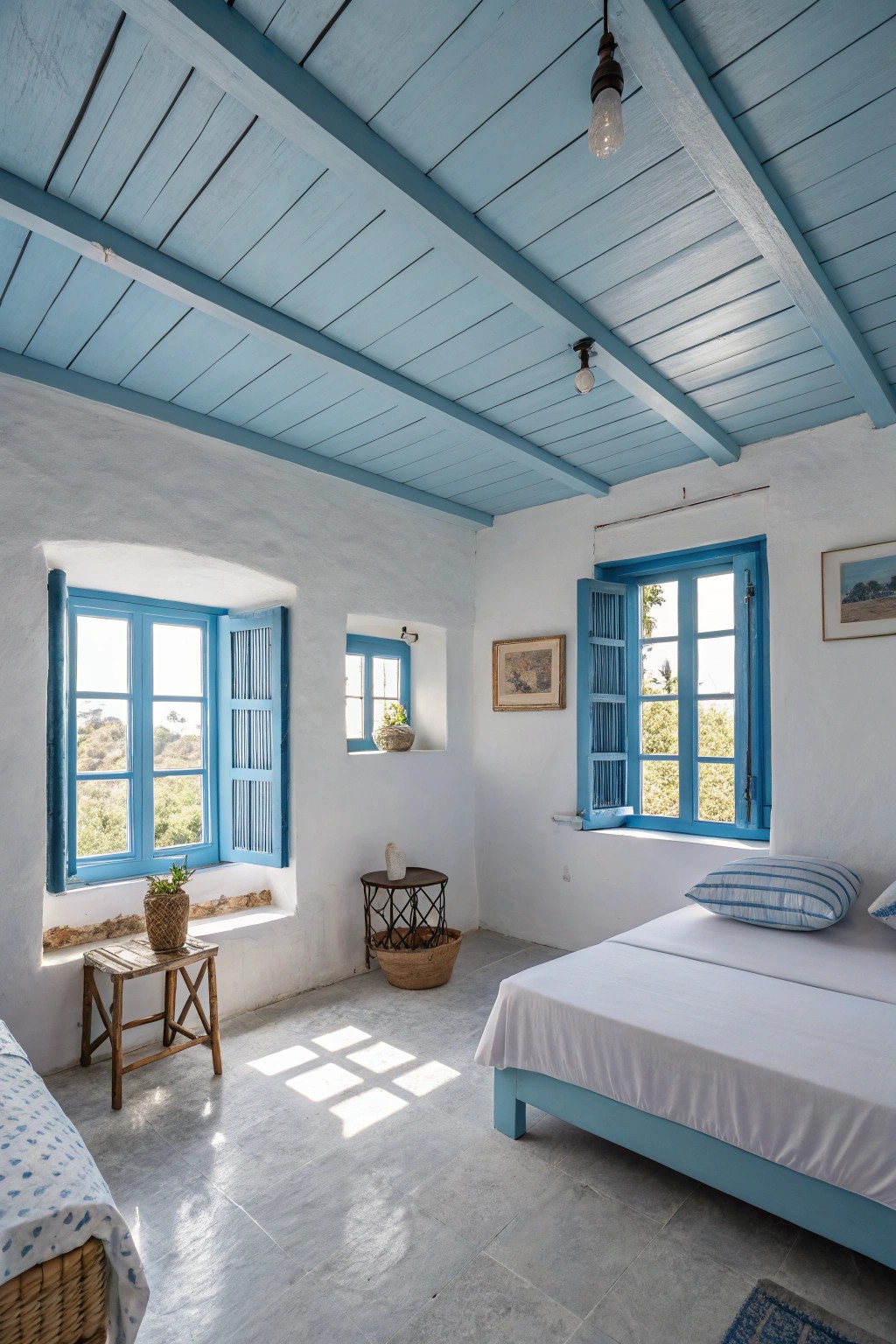 A blue ceiling or trim brings surprise and depth to the bedroom’s design.