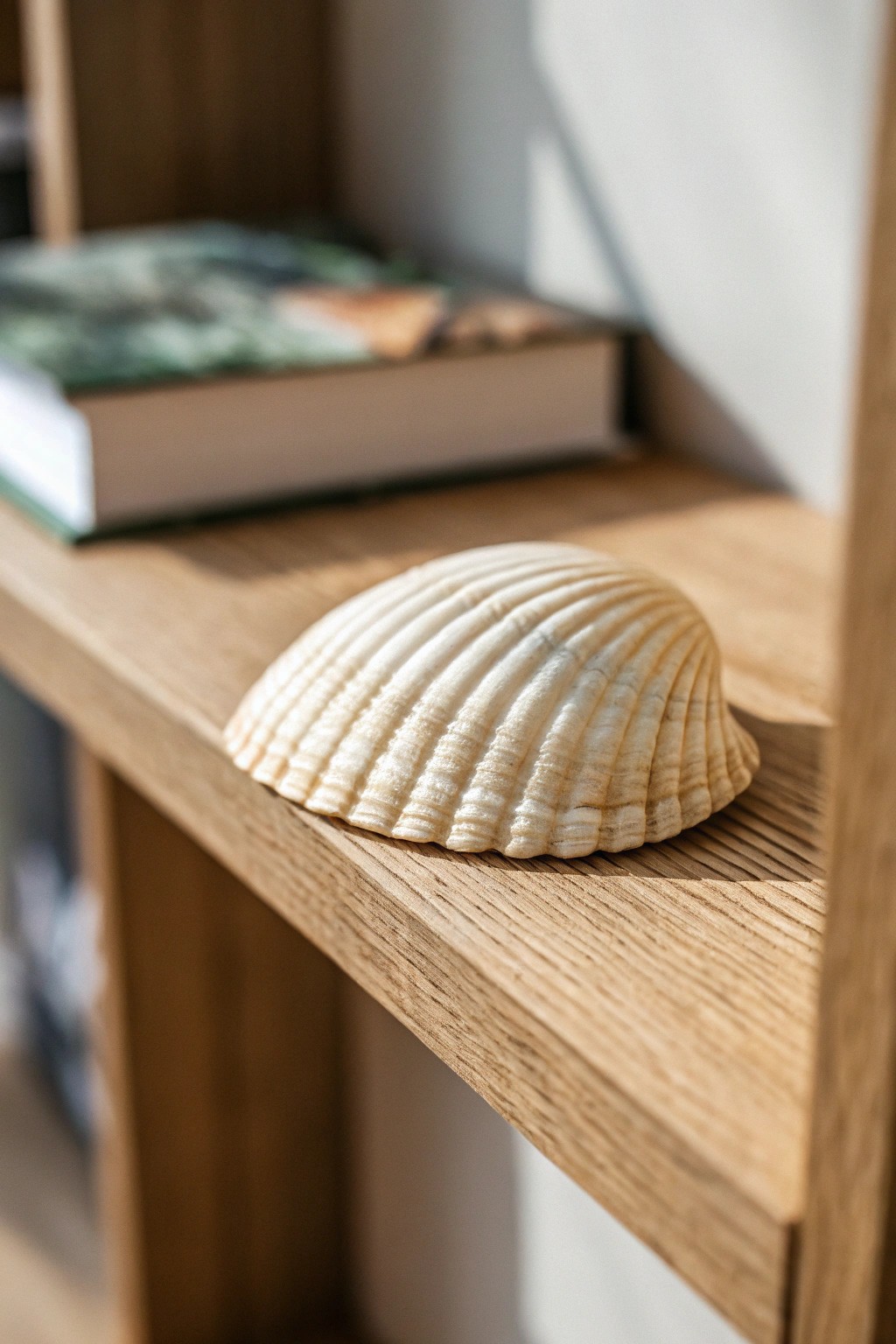 A cherished seashell brings a touch of wanderlust and warmth to your bookshelf.