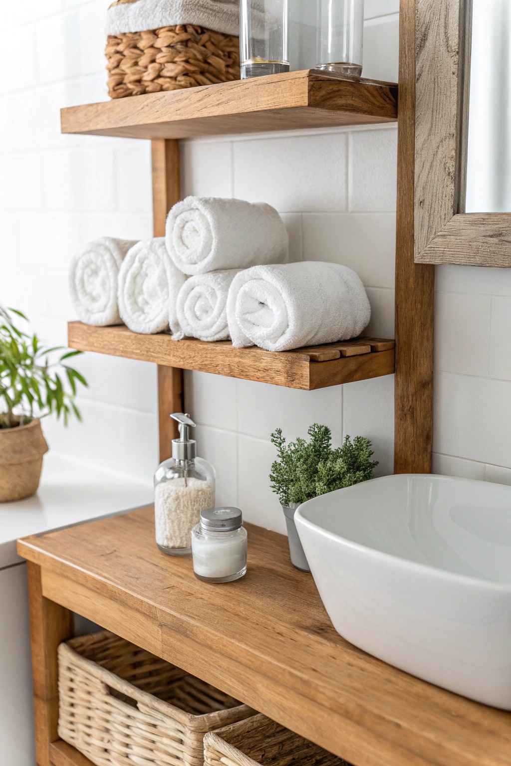 Elevate your small bathroom with a handcrafted open shelf—where storage meets serene style.