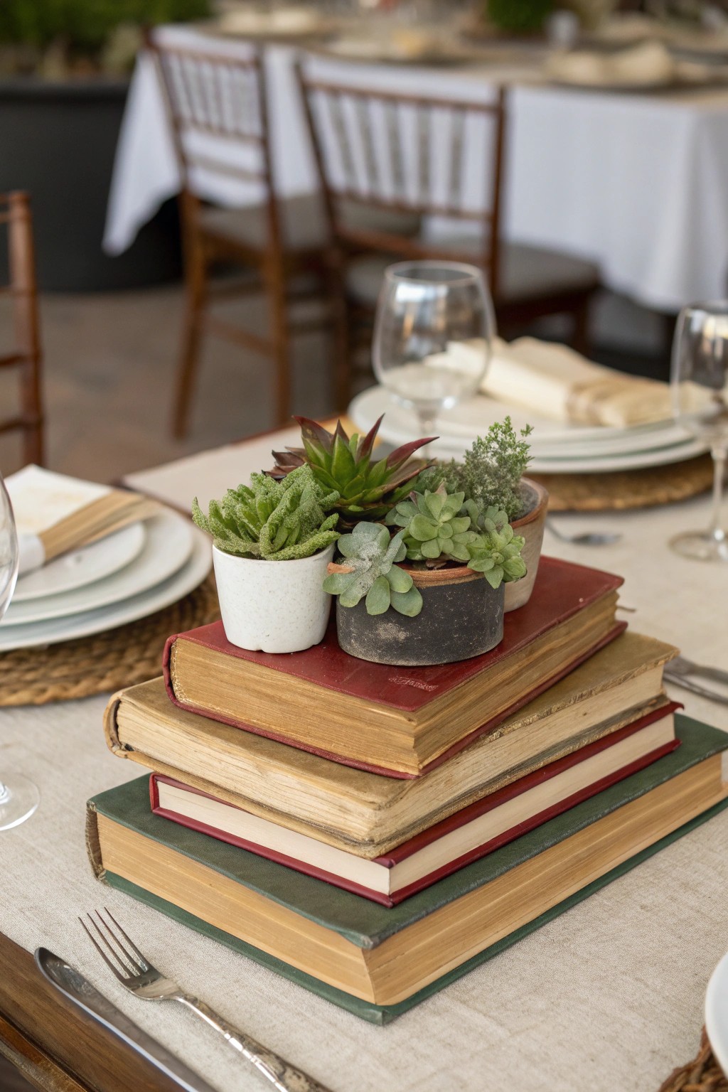 Vintage books paired with succulents add storybook whimsy to your tablescape.