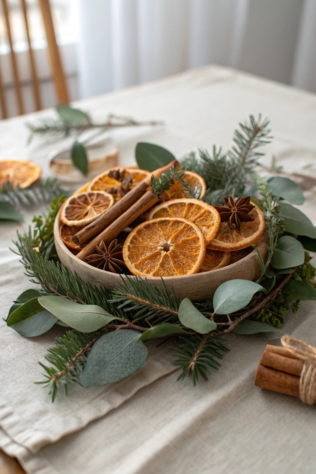 Warm, handcrafted elegance: dried oranges, cinnamon, and eucalyptus for a stunning Christmas centerpiece.