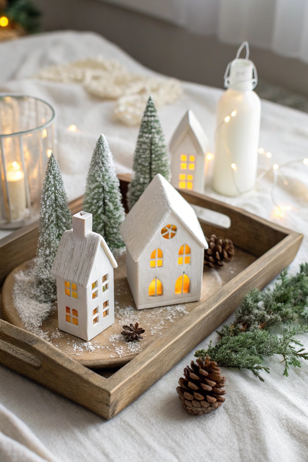 A cozy Christmas village on a tray—simple, charming, and easy to move for festive cheer anywhere.