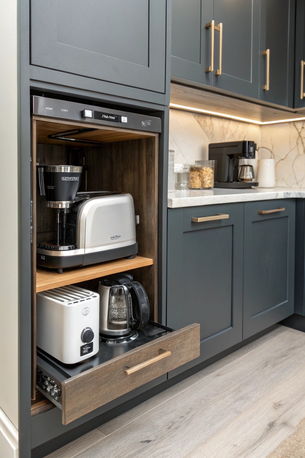 An appliance garage in the corner keeps countertops clear and mornings stress-free.