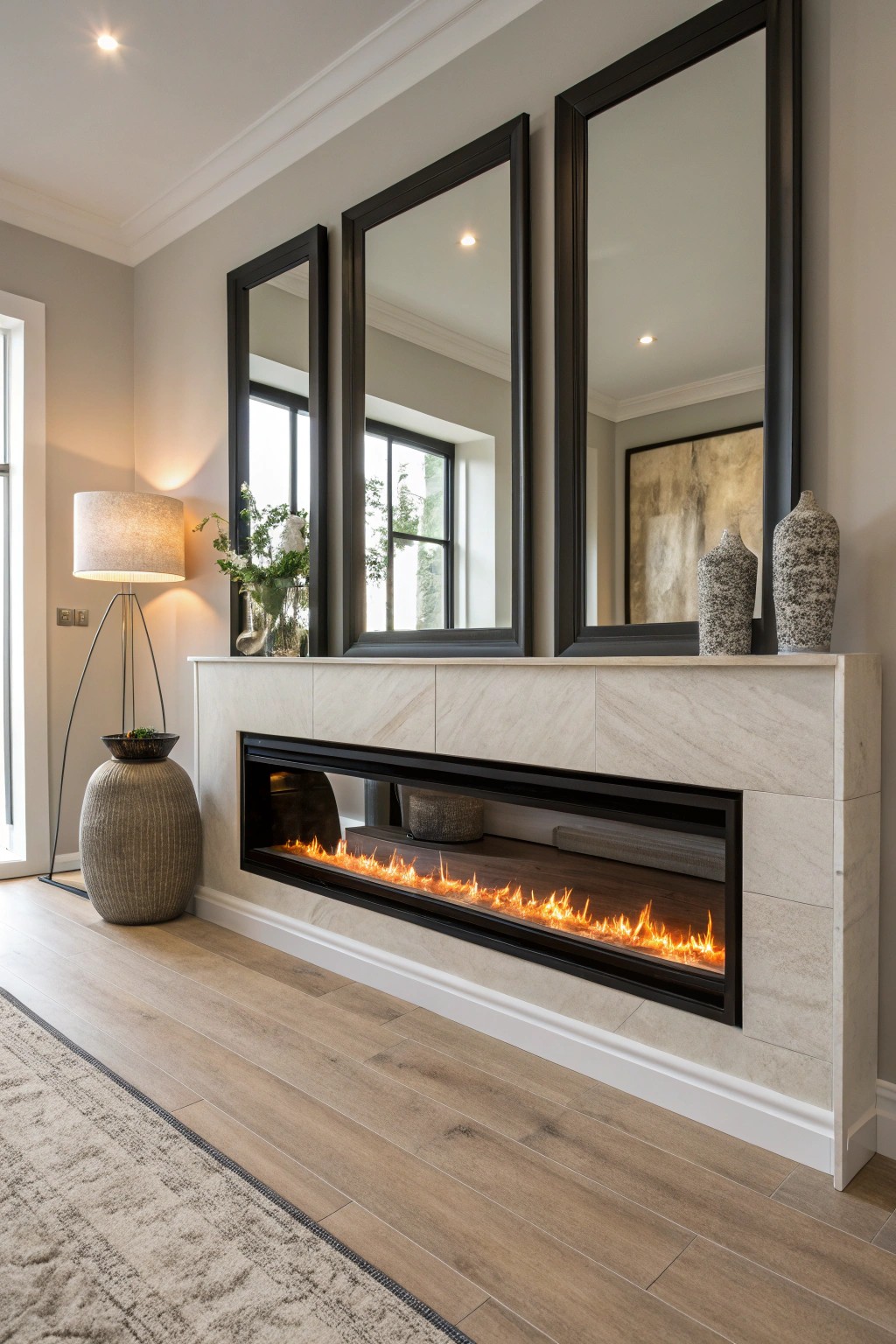 Expand your space with mirrored fireplace elegance.