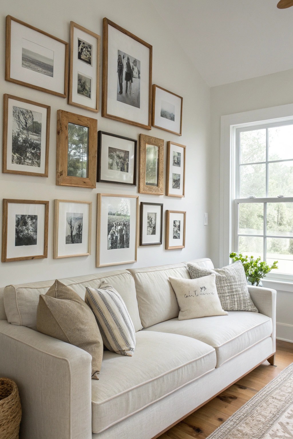 Elevate your living room with a simple, stunning family gallery wall above the sofa.