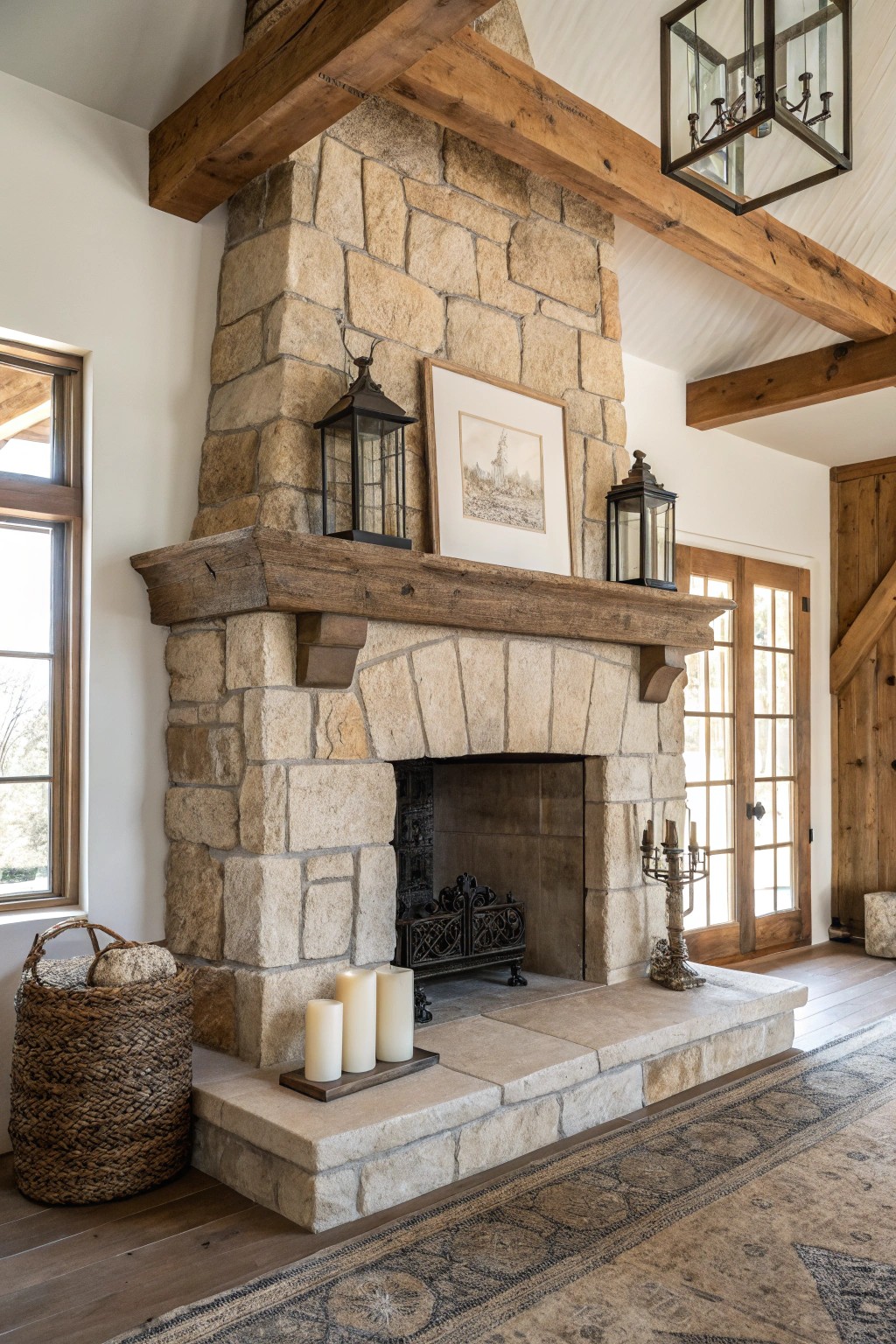 A timeless stone fireplace: the heart of farmhouse living.