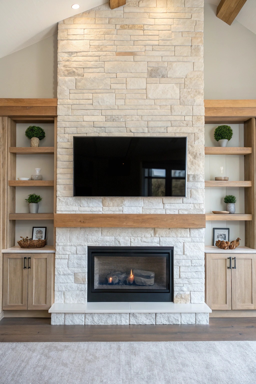Symmetrical serenity: a perfectly balanced fireplace wall with TV for timeless elegance.