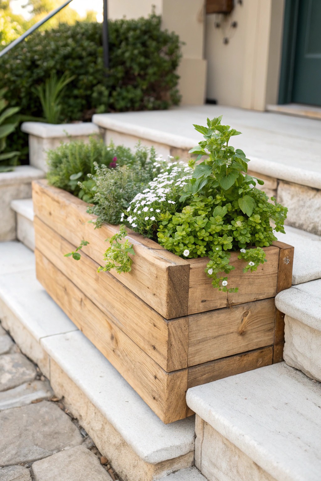 Elevate your entryway with handcrafted built-in planter boxes for a touch of natural charm.