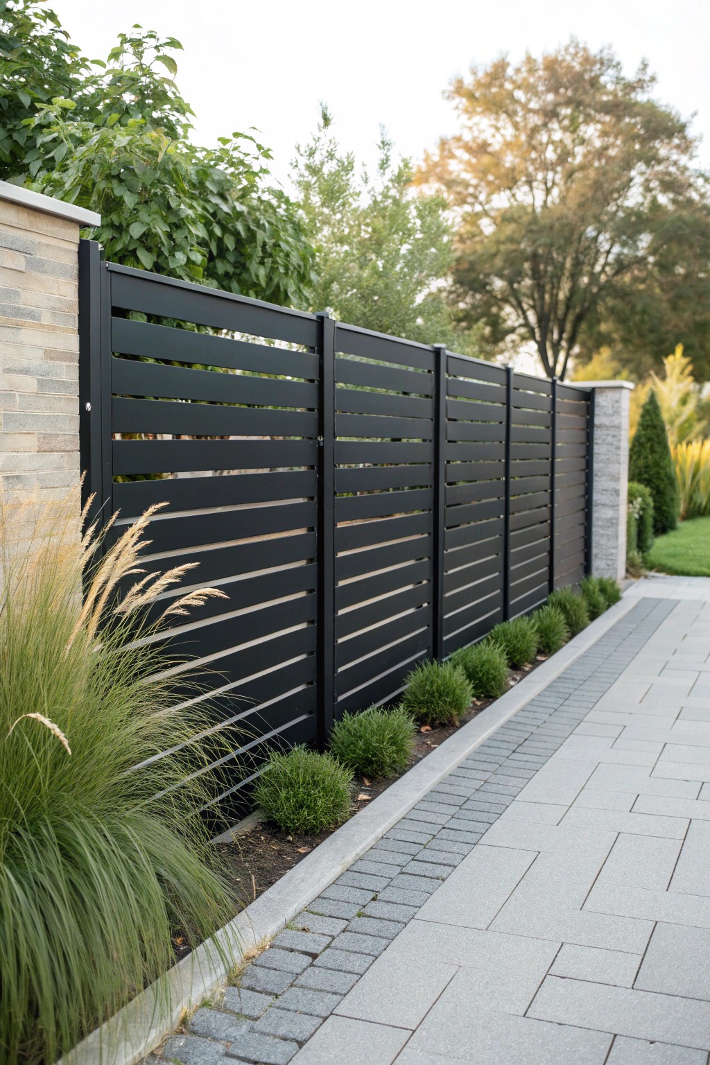 Sleek simplicity: a horizontal metal fence brings modern elegance to your front yard.