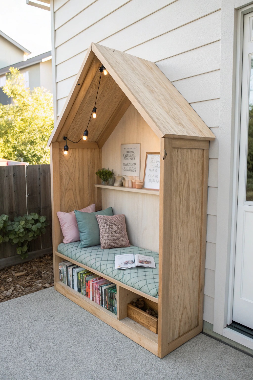 Transform your garage into a serene playroom with a charming wooden reading nook.