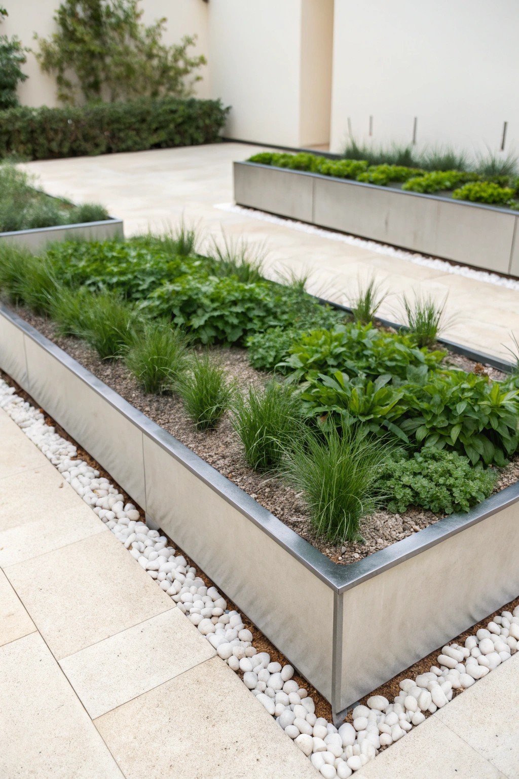 Sleek geometry meets natural beauty: minimalist garden bed inspiration.
