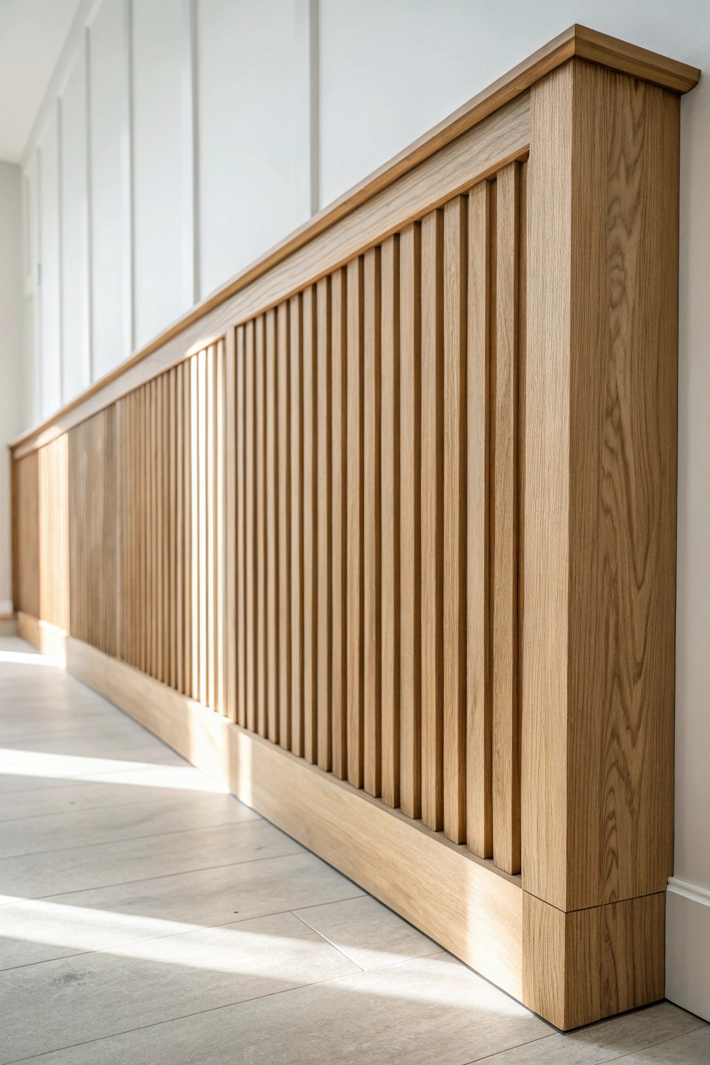 Elevate your space with serene, modern vertical slat paneling.