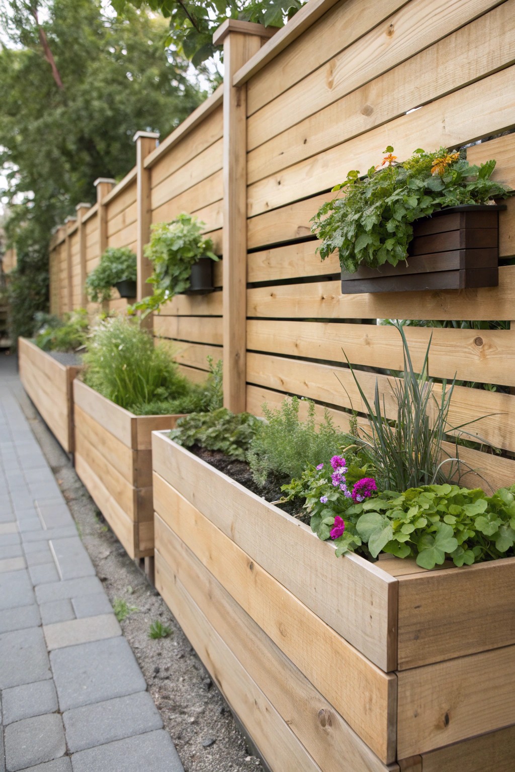 Elevate your backyard with a handcrafted horizontal fence featuring built-in planters for herbs and flowers.