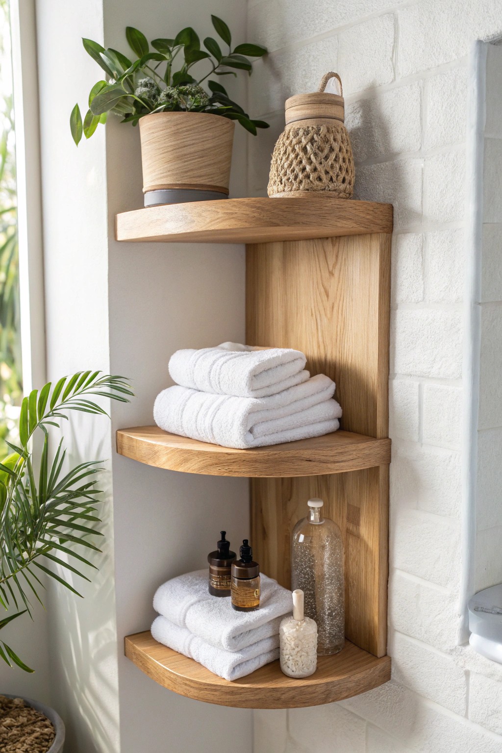 Elevate your laundry room with natural wood corner shelves—where beauty meets smart storage.