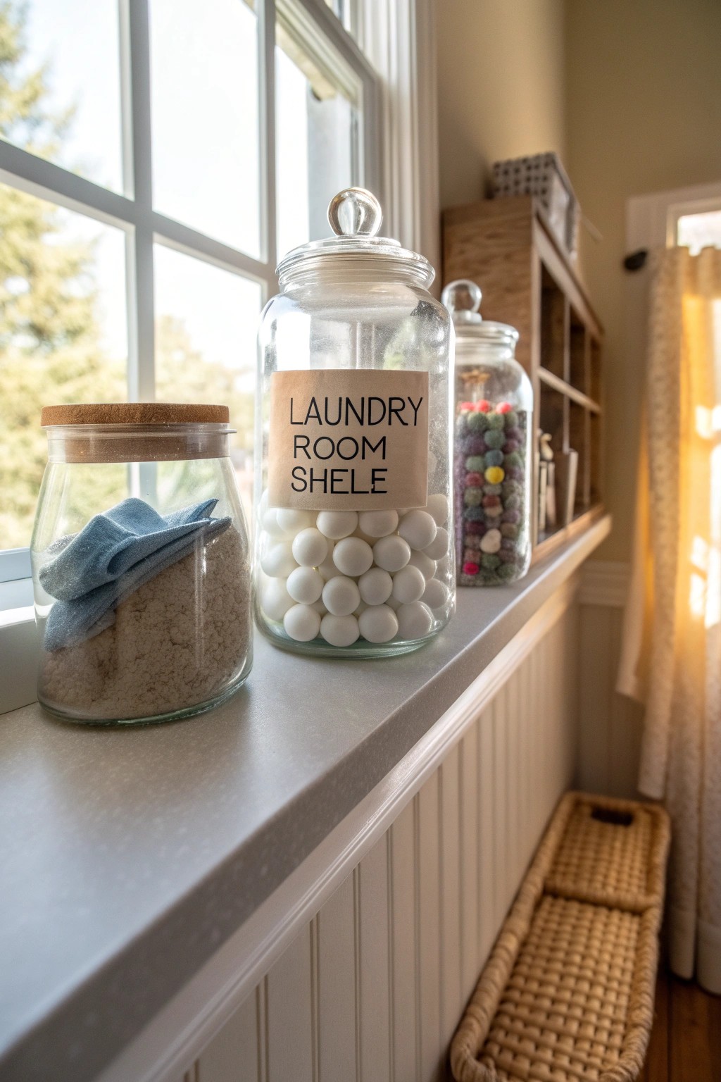 Clear containers keep supplies tidy and add visual harmony.