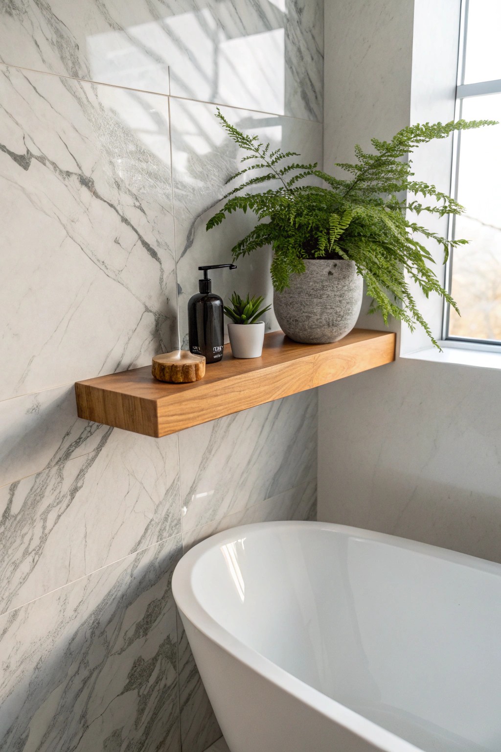 Serenity meets luxury: a floating wood shelf and fresh fern elevate your master bath retreat.