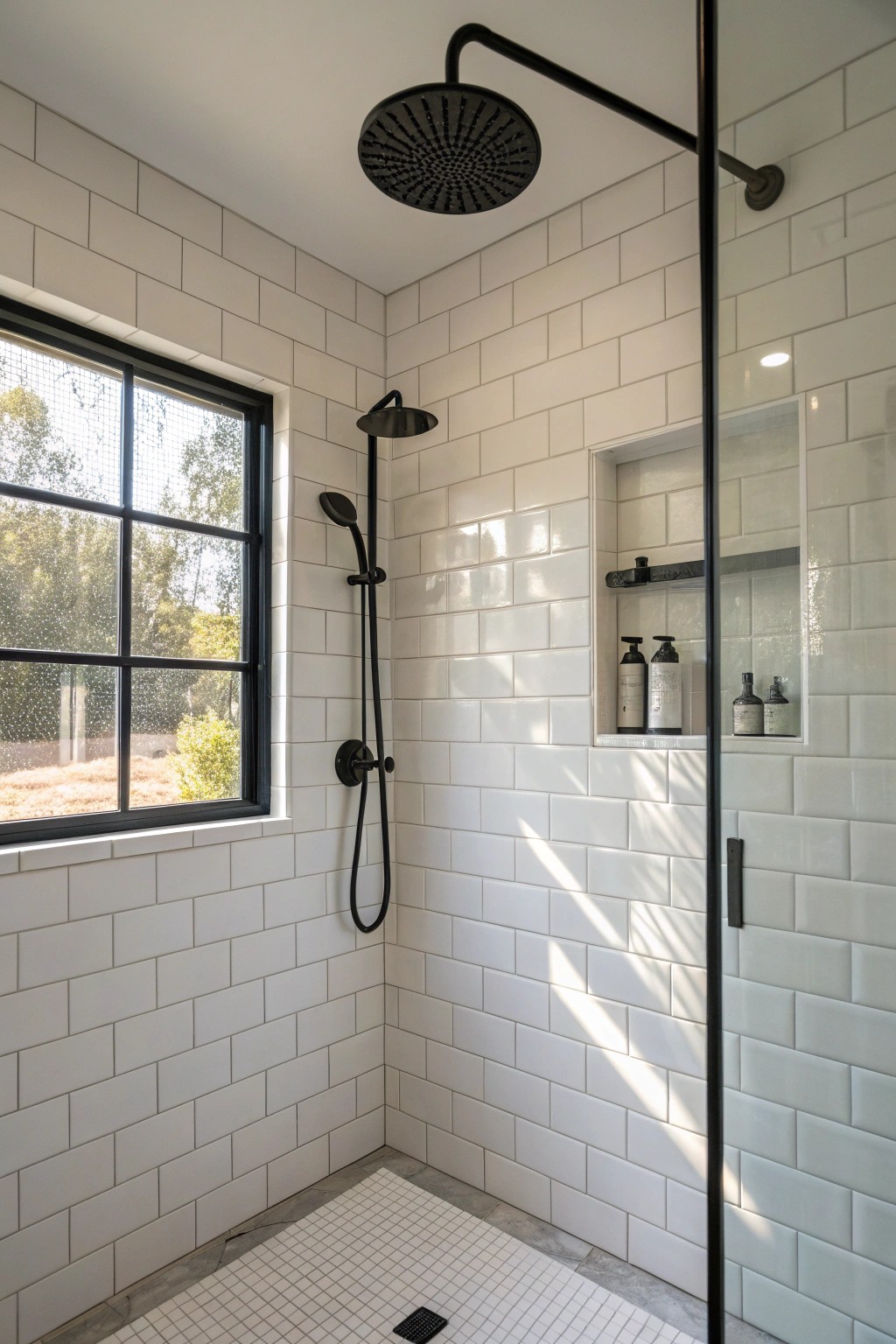 Bold black fixtures meet crisp white tile—timeless contrast for a stunning walk-in shower.
