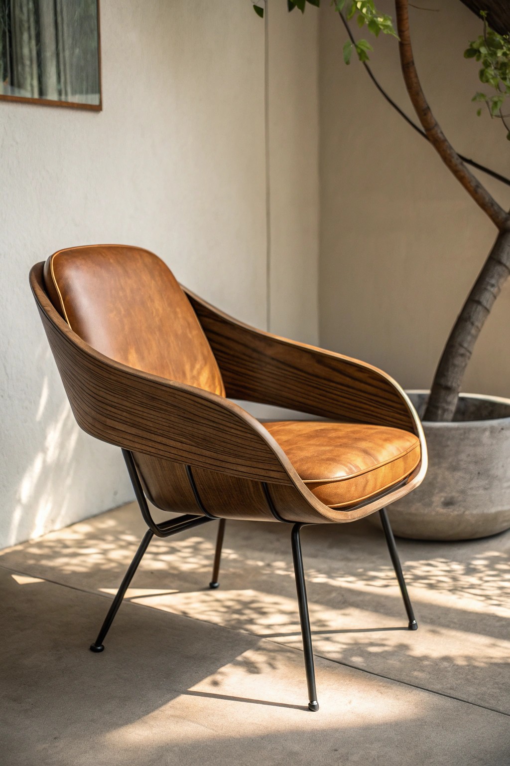 Elevate your living room with a stunning mix of wood, metal, and leather craftsmanship.