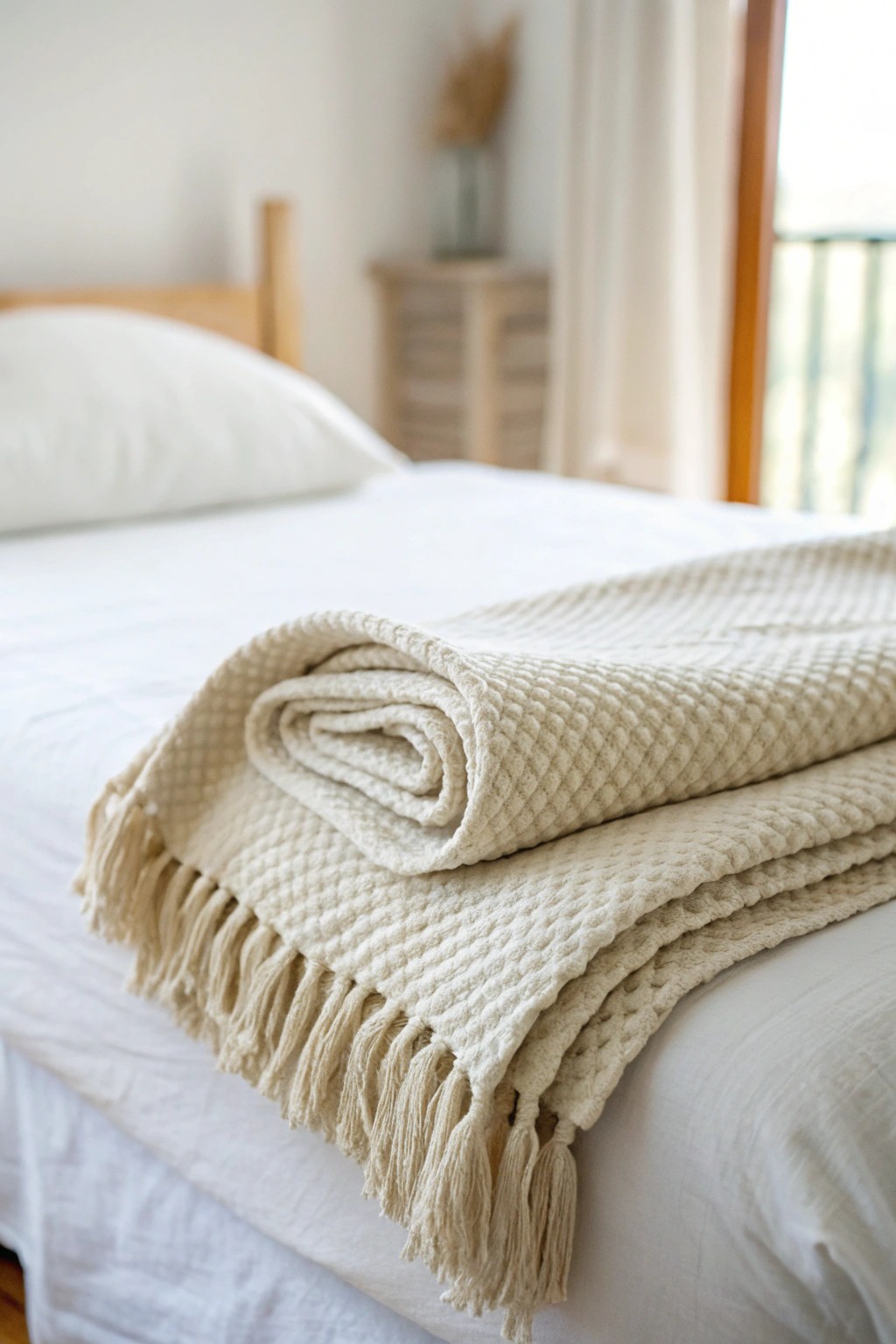 Layered textures add quiet depth to a minimalist bedroom.