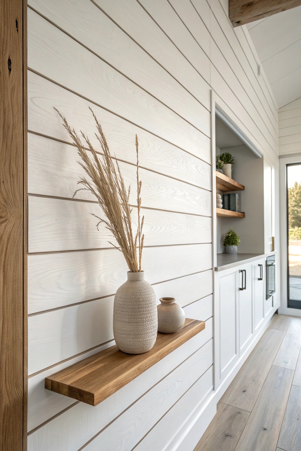 Bring subtle coastal charm into your kitchen with a crisp white shiplap feature wall.