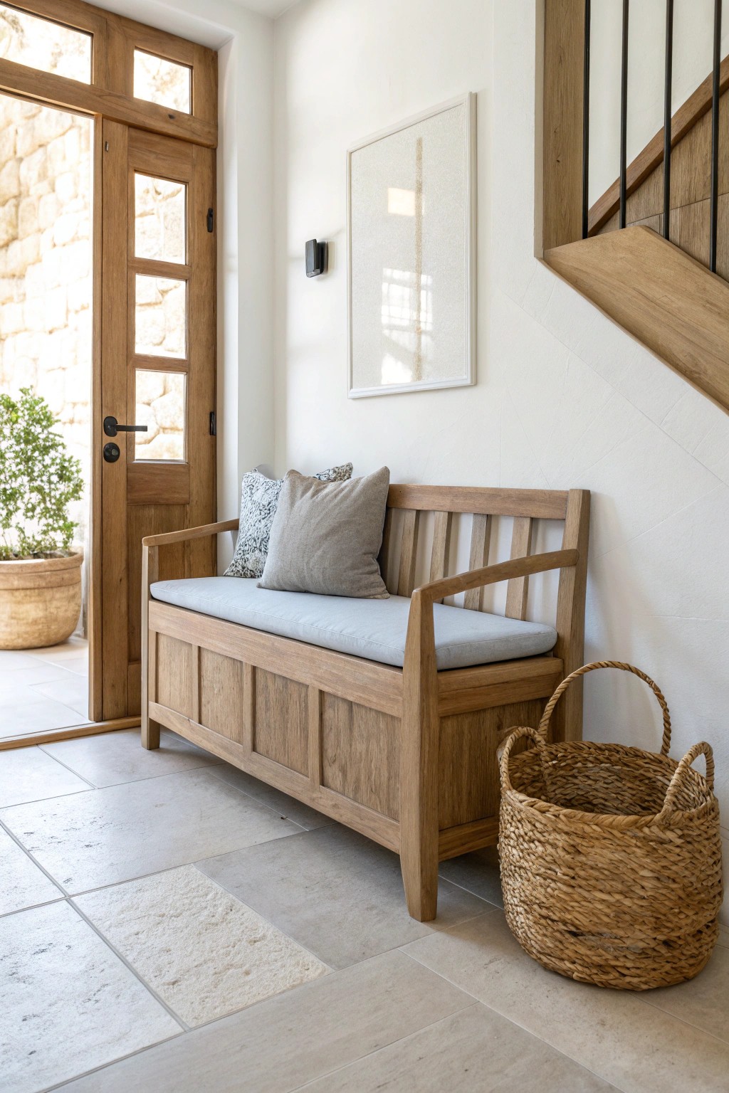 Grounded elegance: a minimalist entryway bench in soothing neutrals.
