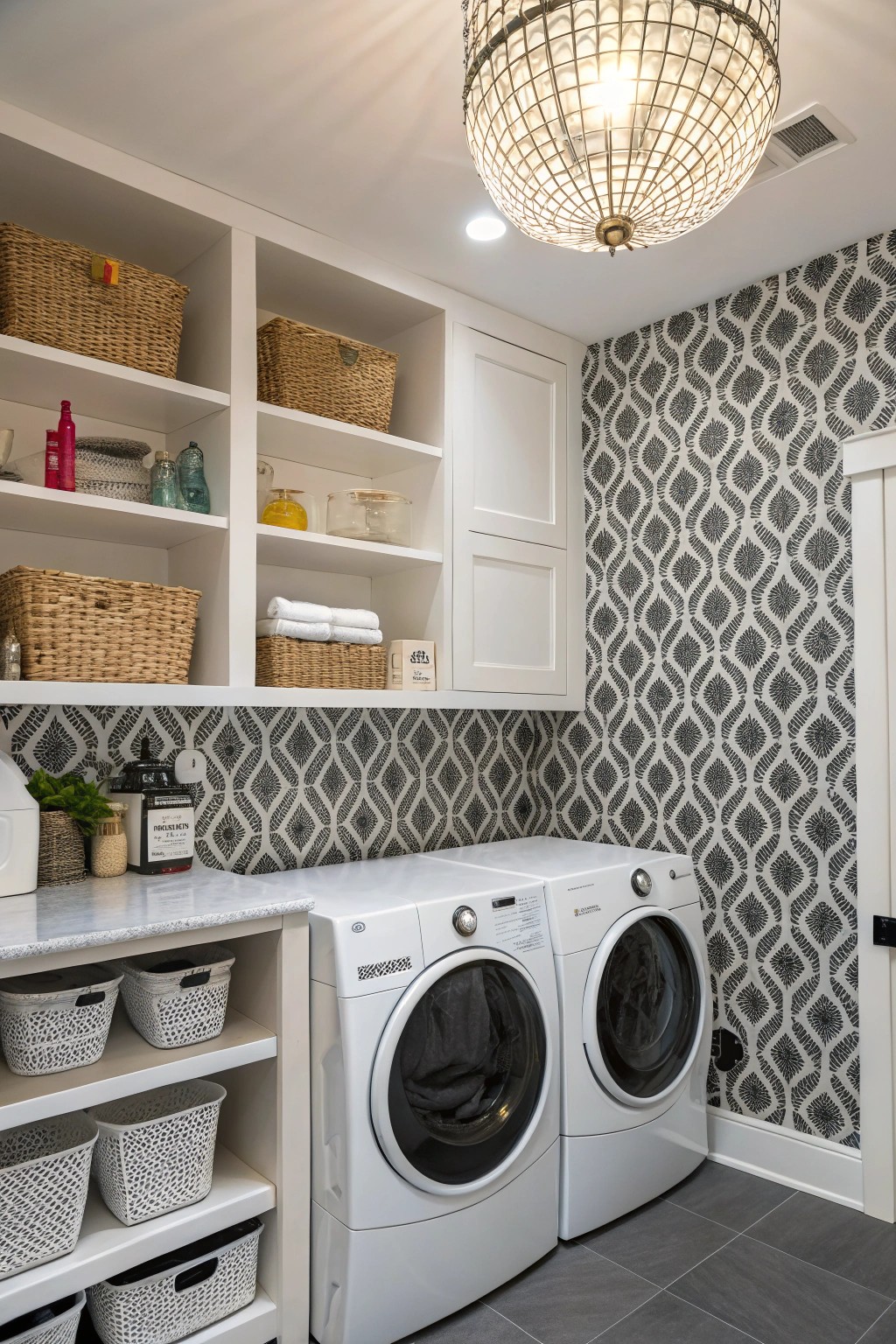A lively wall treatment transforms routine laundry into a visual delight.