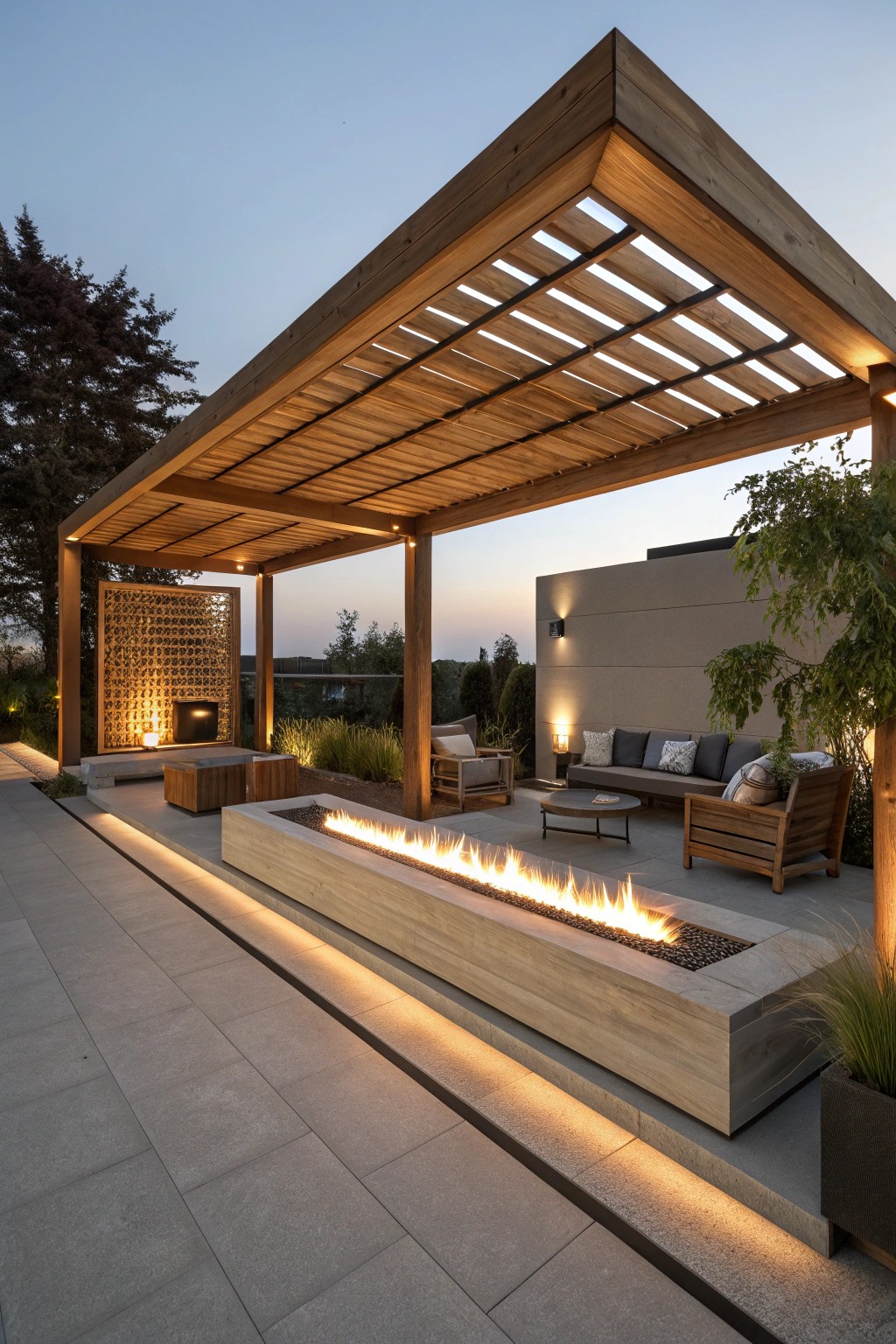 Modern pergola elegance: warmth and style with a built-in fire feature.