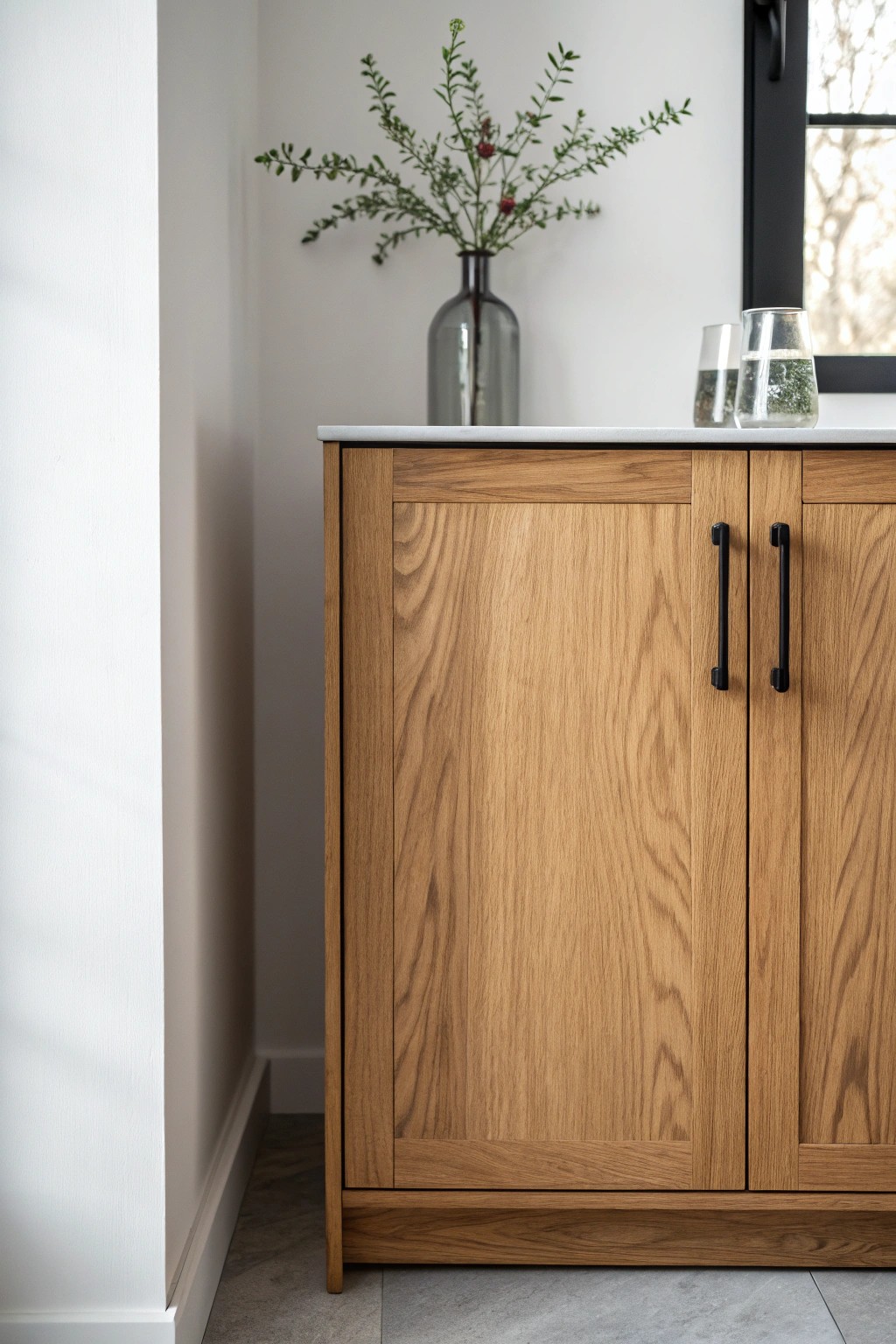Elevate your small kitchen with the artful contrast of wood, black metal, and glass.