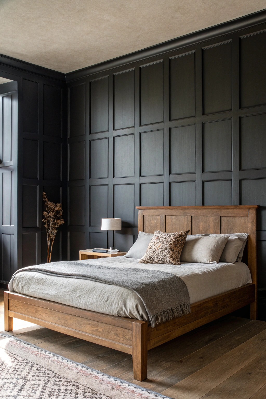 Make your bedroom unforgettable with a stunning dark paneled accent wall.