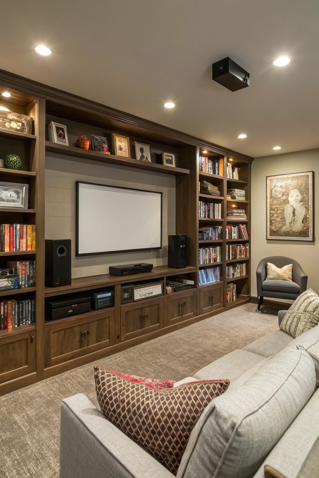 Built-in shelving balances display and storage for a polished, practical movie room.
