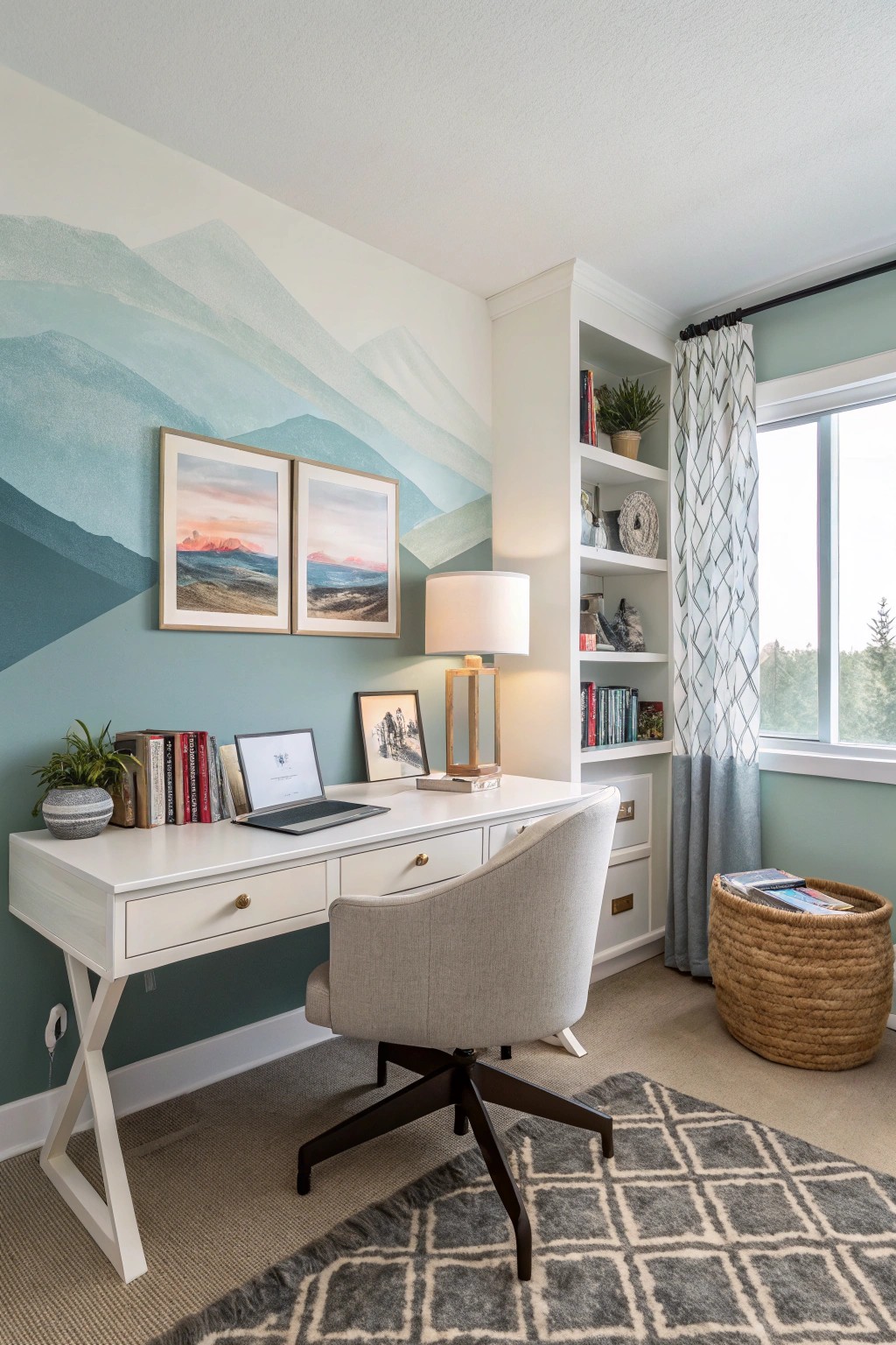 A striking accent wall defines work and rest zones with flair.