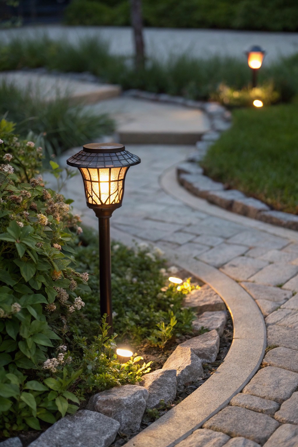 Enchant your evenings with subtle solar lighting along a handcrafted paver path.