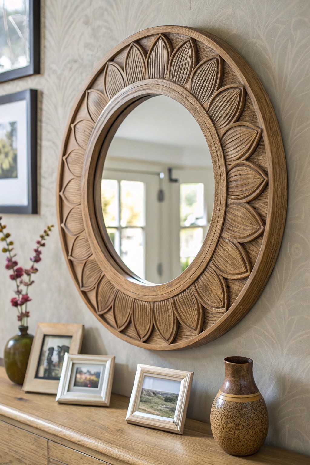 Elevate your picture wall with a stunning sculptural mirror centerpiece.