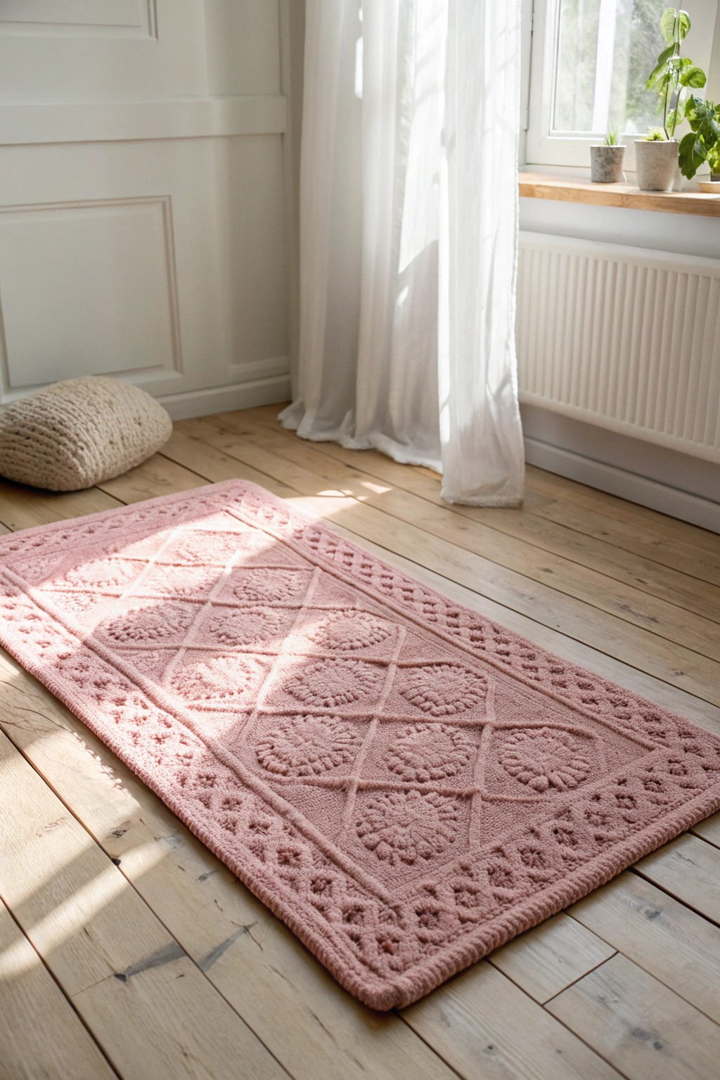 Elevate your bedroom with a handcrafted pink patterned rug for a touch of natural elegance.