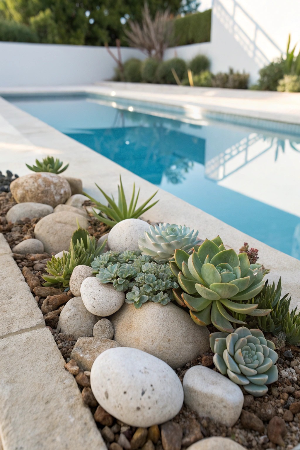 Desert-inspired rock garden: effortless poolside beauty with succulents and stone.