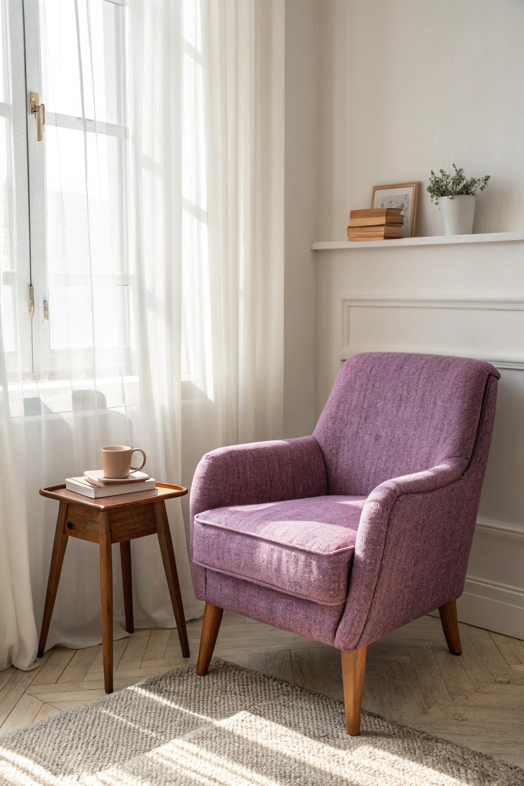 A cozy purple armchair transforms a bedroom corner into the perfect reading nook.