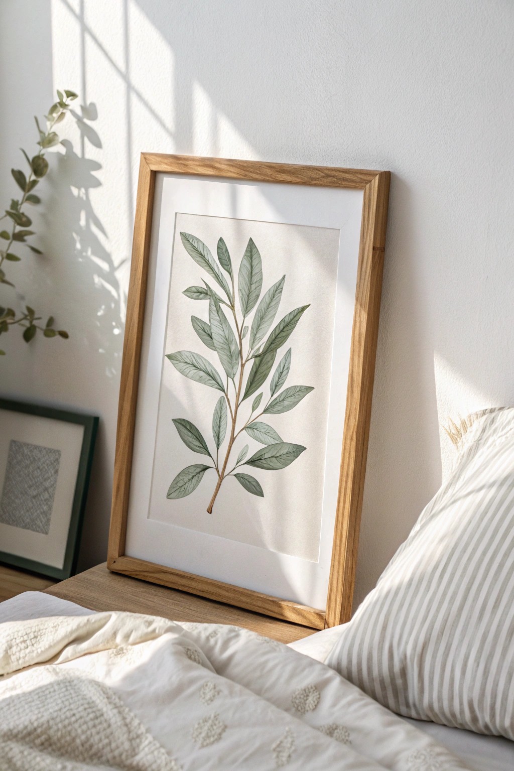 Elevate your bedroom with serene sage green botanical art in natural wood frames.