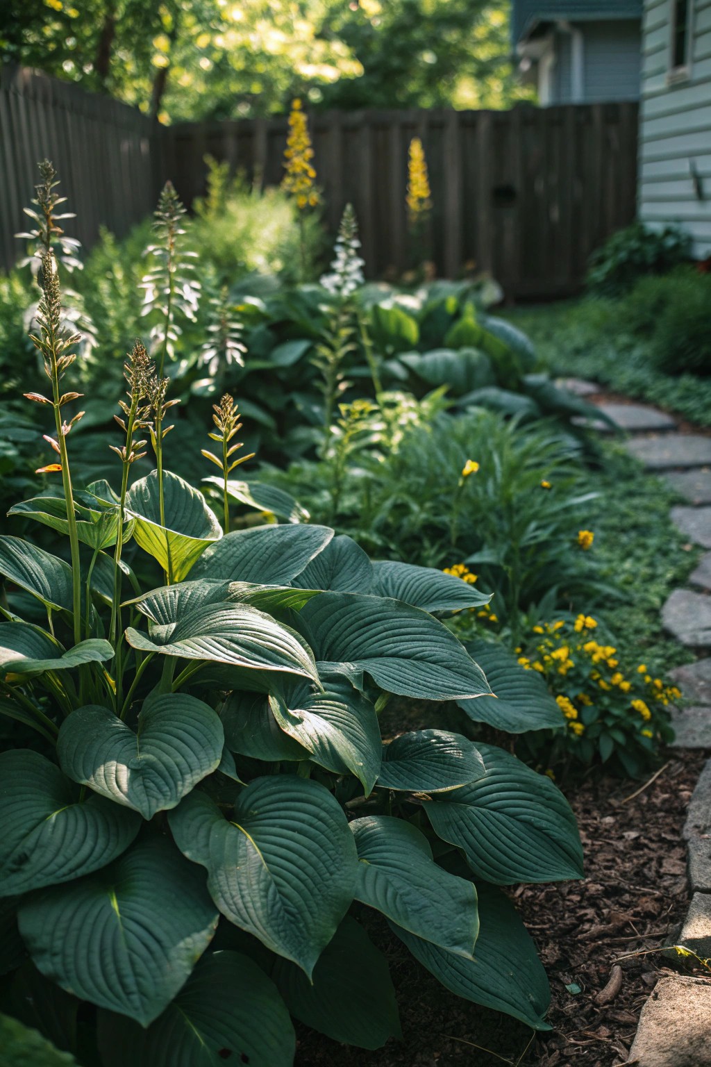 Oversized leaves give a bold, tropical flair to shady areas.