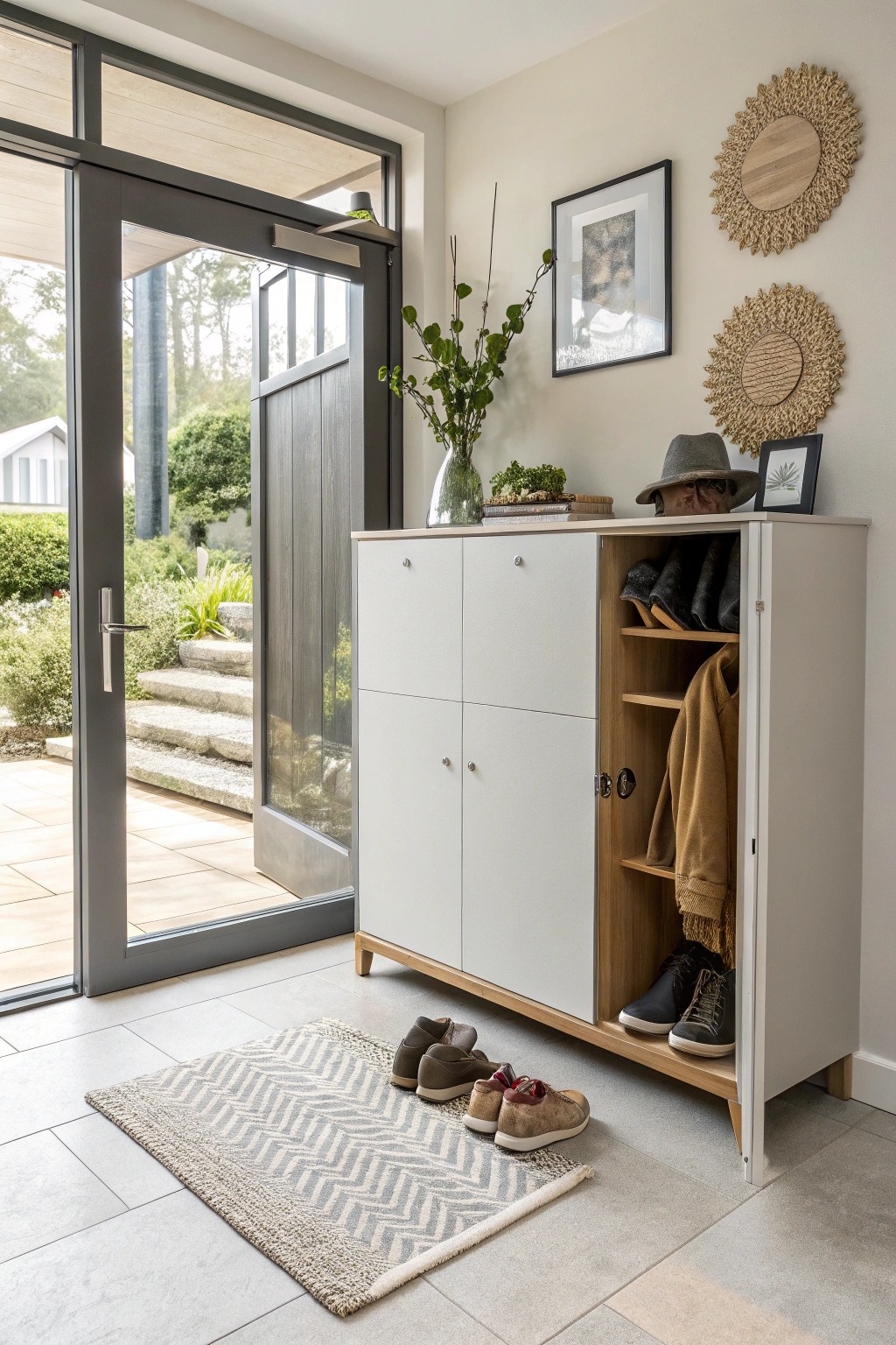 A sleek shoe cabinet hides away shoes and keeps the entry uncluttered.