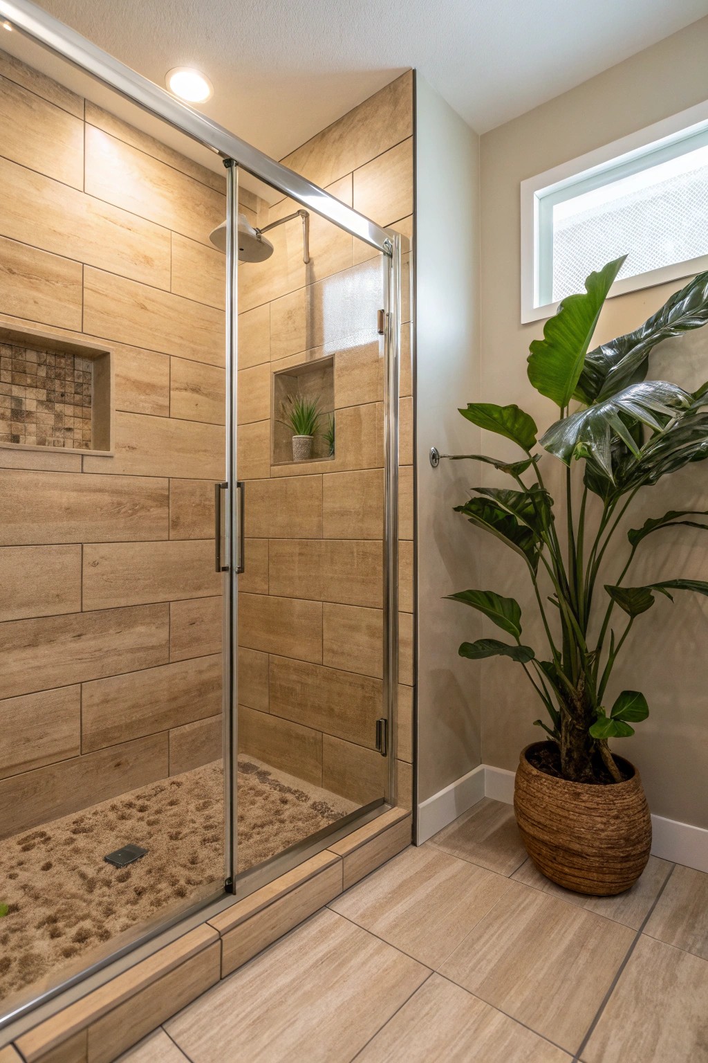 Wood-look tiles offer inviting warmth and texture while remaining perfectly shower-friendly.
