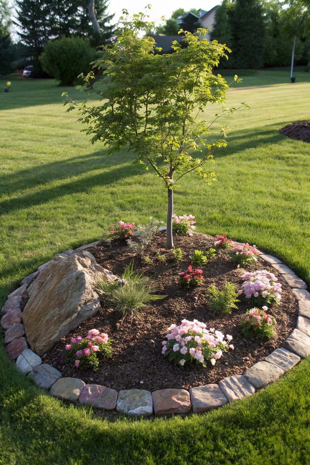 A tiny island flower bed transforms simple lawns into serene, eye-catching retreats.
