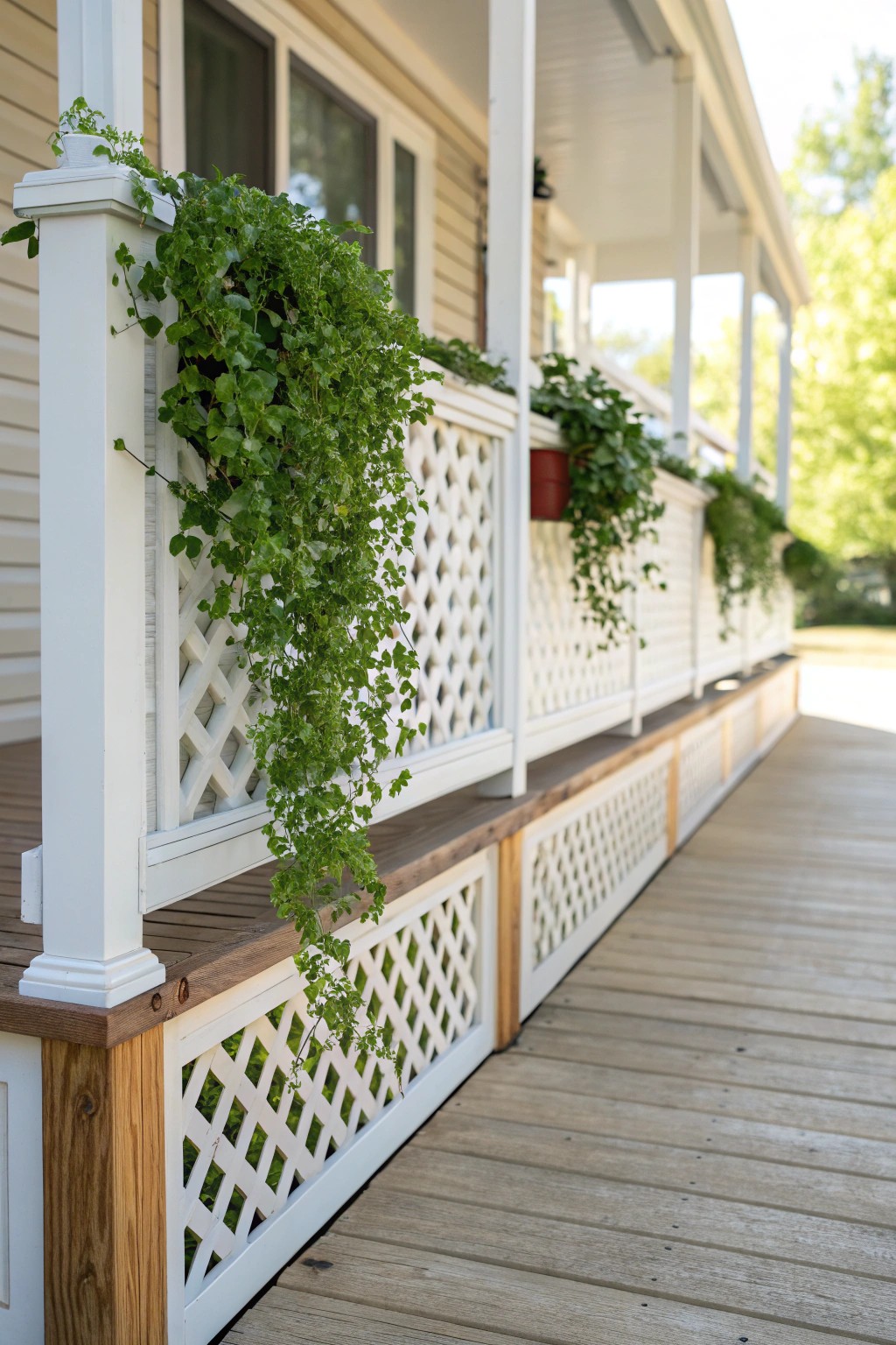 Elevate your mobile home porch with charming living lattice skirting—simple, stylish, and full of natural beauty.