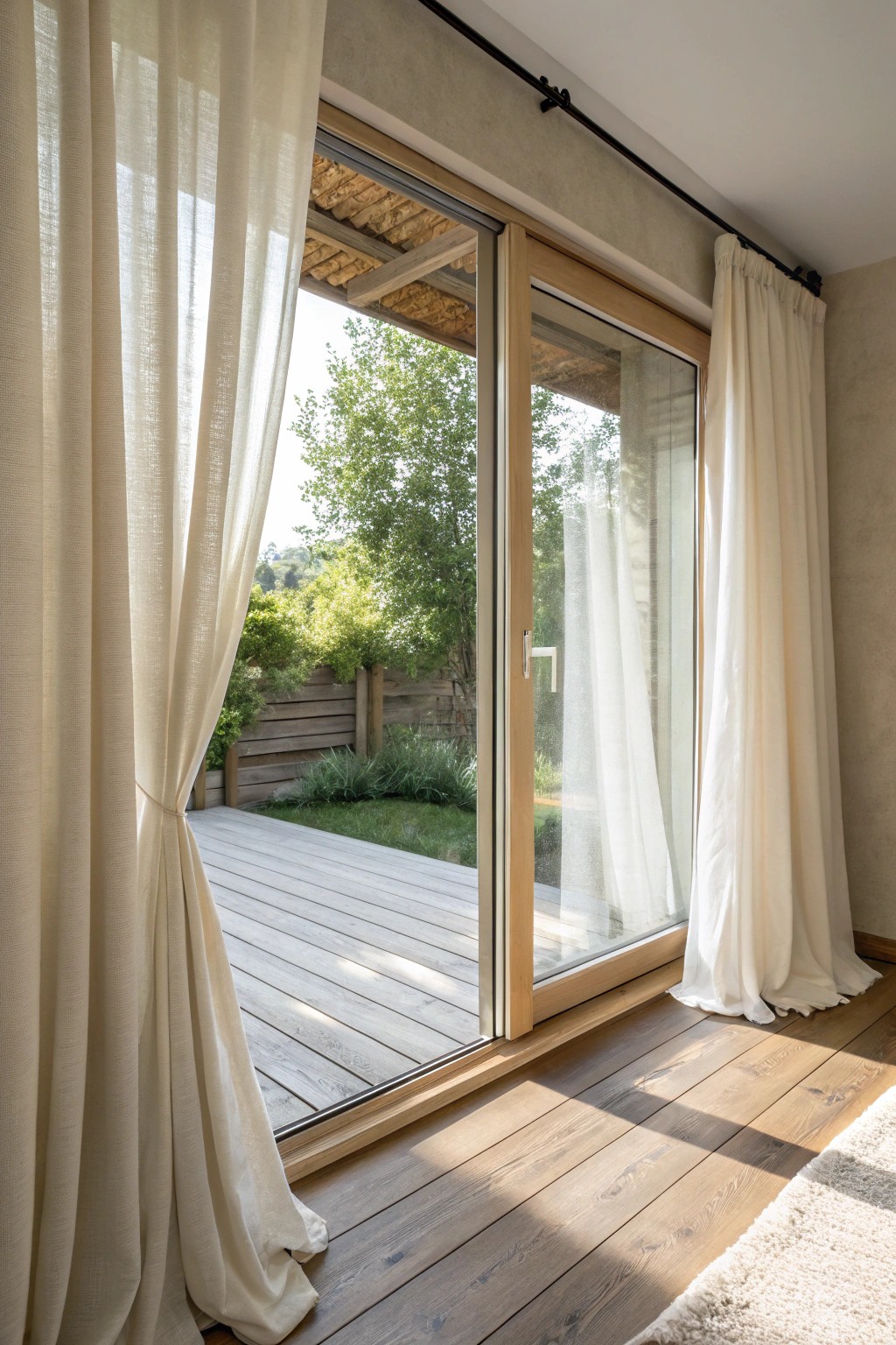 Effortless elegance: Motorized linen curtains for your sliding patio door.