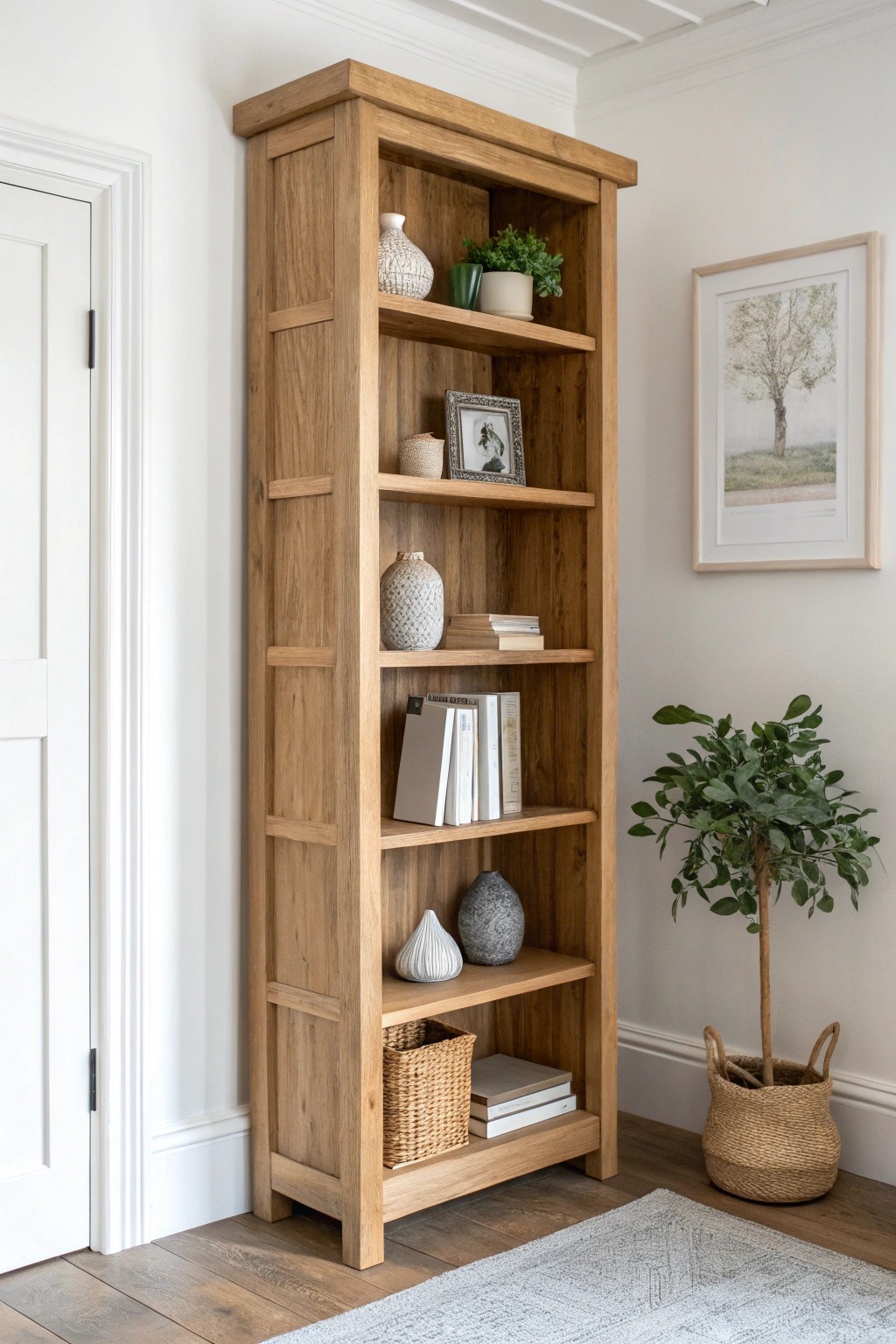 Elevate your space: Embrace vertical storage for a serene, stylish small living room.