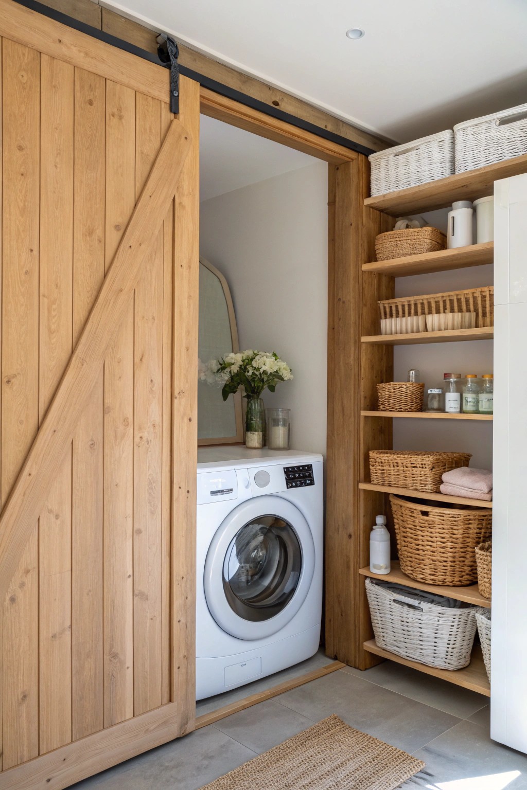 Effortlessly chic: a hidden laundry nook behind sleek wooden doors.