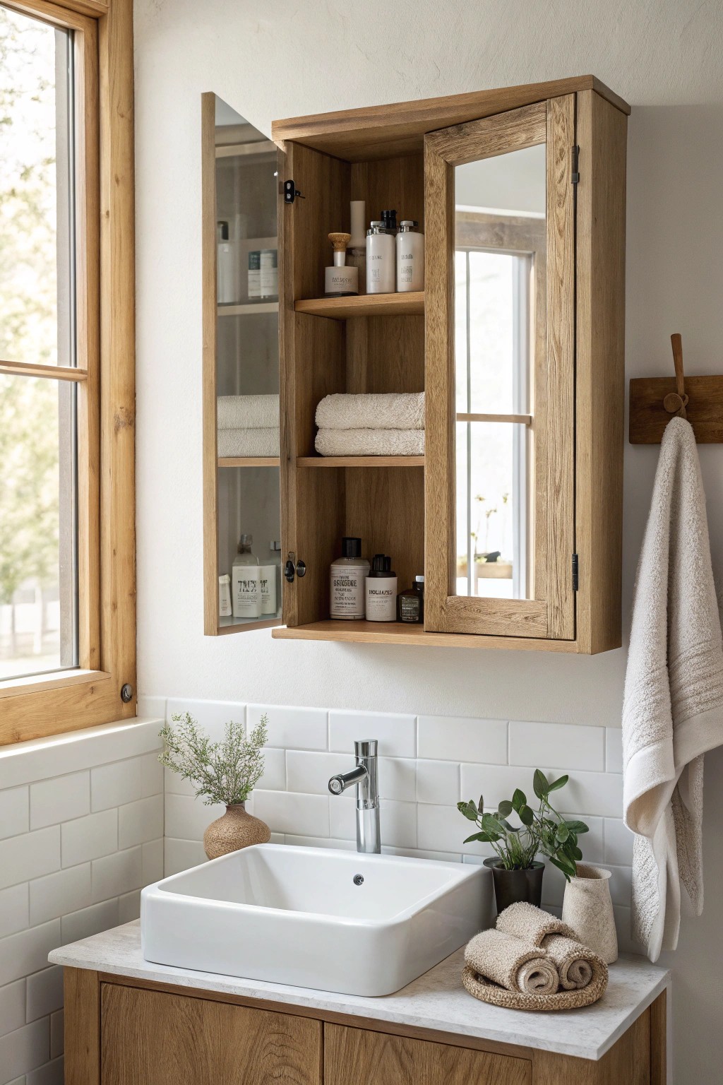Effortless elegance: hidden storage behind a handcrafted mirror cabinet.
