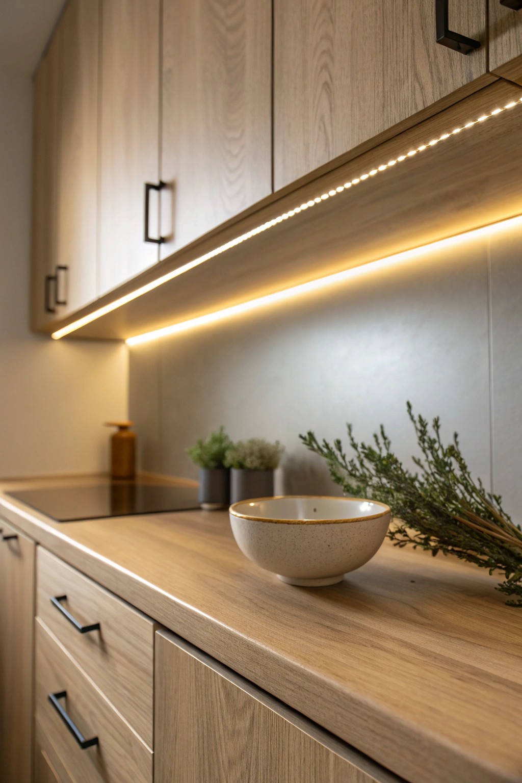 Warm under-cabinet LED lighting transforms small kitchens with a touch of natural beauty.