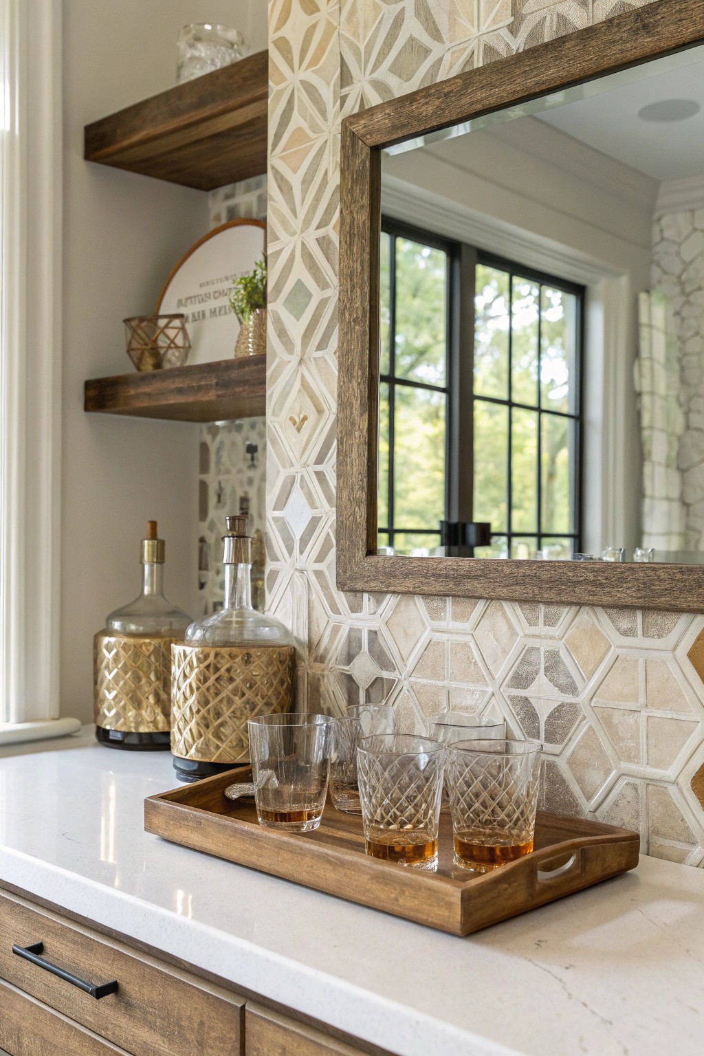 Elevate your small home bar with a stunning mirror and tile backsplash.
